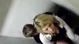 Blonde teen gets fucked in public bathroom
